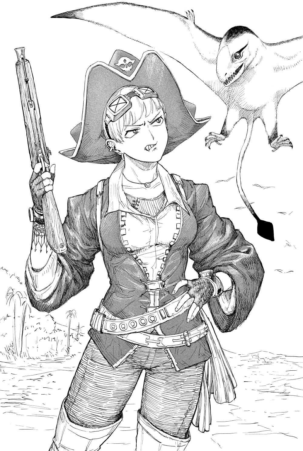 1girl, boots, clenched_teeth, contrapposto, dinosaur, earrings, finger_on_trigger, fingerless_gloves