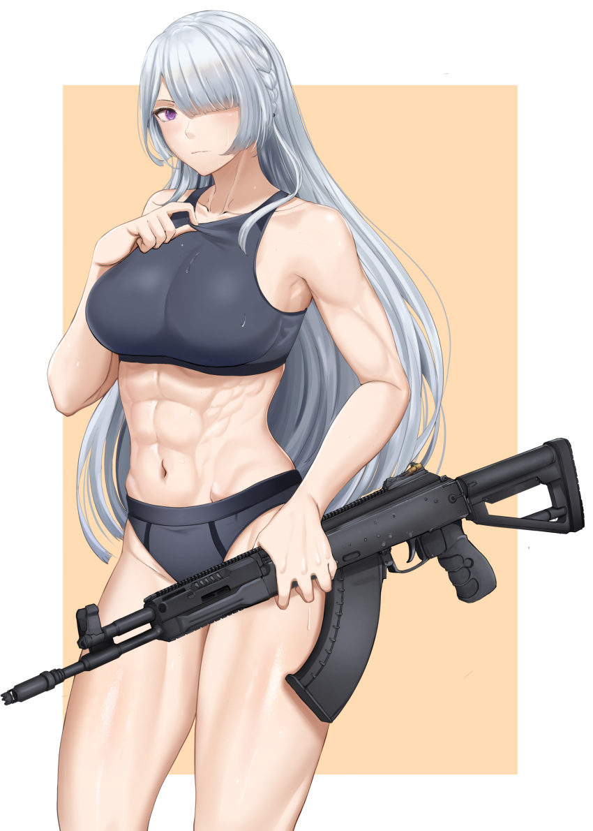 1girl, abs, absurdres, ak-15, ak-15_(girls_frontline), assault_rifle, bra, chiyo_goya