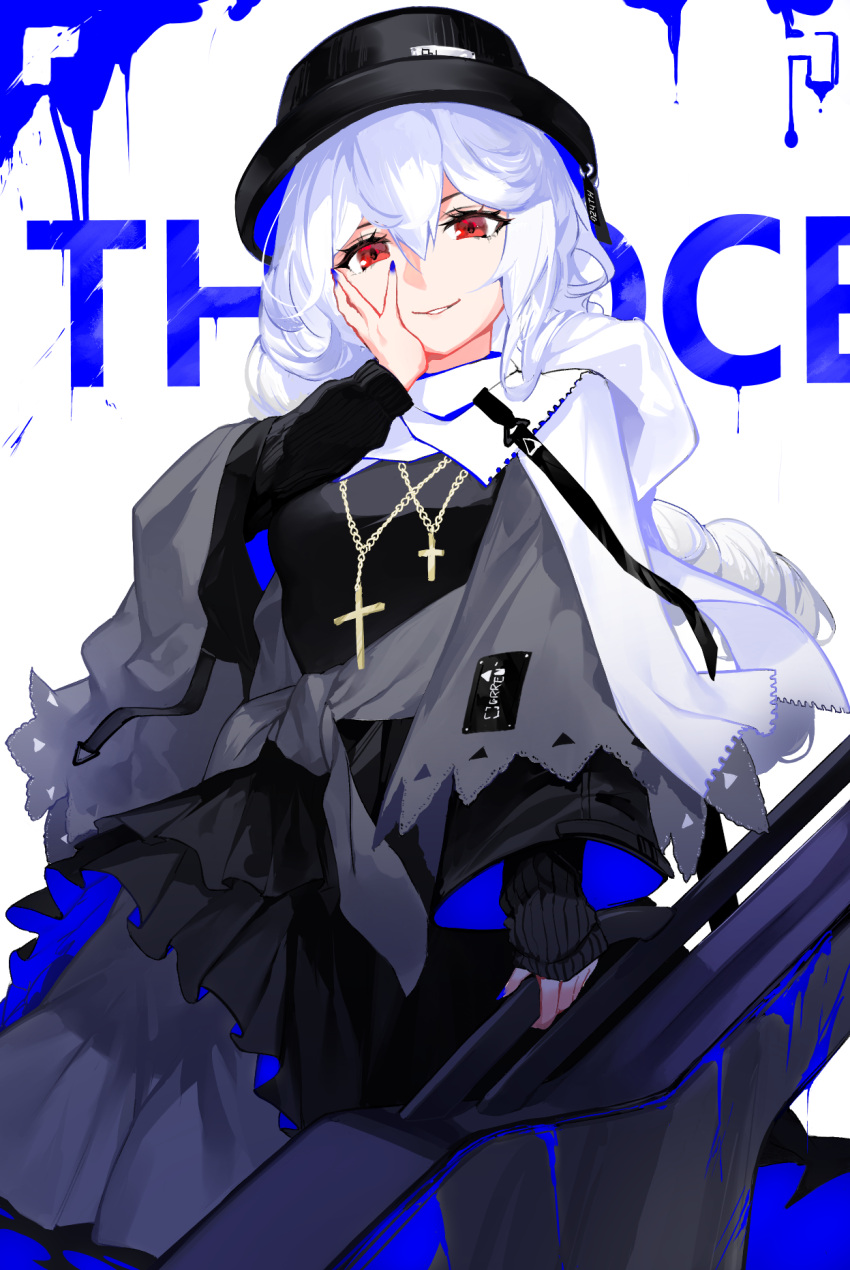 024th, 1girl, arknights, bangs, black_dress, black_headwear, blue_nails, braid