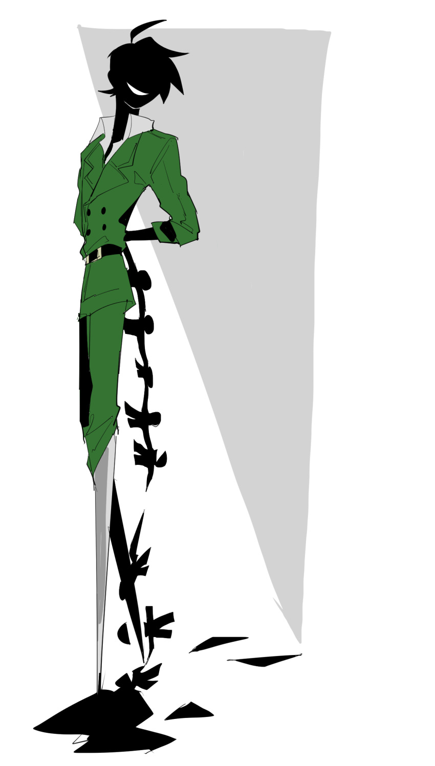 1boy, ahoge, apios1, arms_behind_back, belt, black_hair, black_skin, buttons