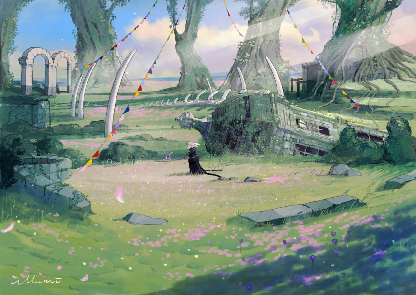 1boy, animal_ears, artist_name, black_coat, bush, clouds, coat, colorful
