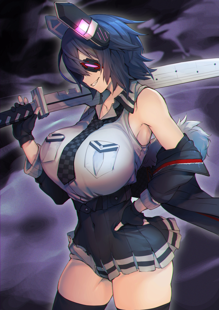 1girl, bangs, black_gloves, black_jacket, black_skirt, breast_pocket, breasts, checkered