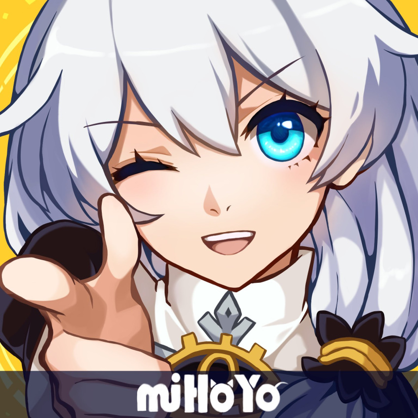 1girl, ;d, bang_(gesture), bangs, blue_eyes, company_name, finger_gun, hair_between_eyes