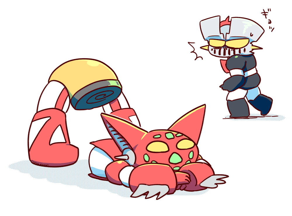 chibi, getter-1, getter_robo, getter_robo_(1st_series), inurow, jack-o'_challenge, mazinger_(series), mazinger_z, mazinger_z_(mecha), mecha, no_humans, parody, shadow, super_robot, surprised, white_background, yellow_eyes, you're_doing_it_wrong