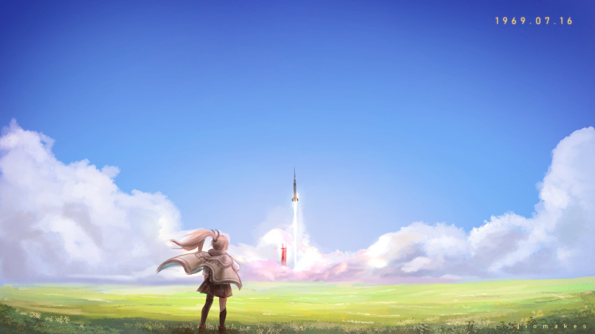 1girl, apollo_11, asymmetrical_legwear, blue_sky, brown_cloak, brown_hair, cloak, english_commentary