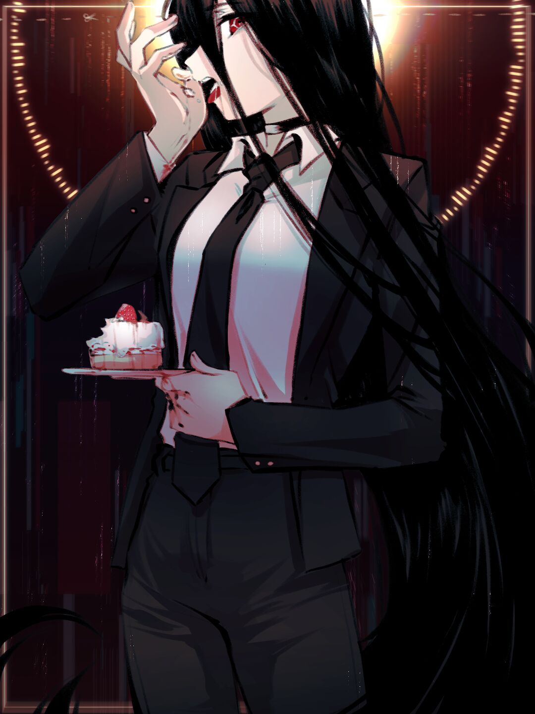 1boy, androgynous, bangs, black_choker, black_hair, black_jacket, black_neckwear, black_pants