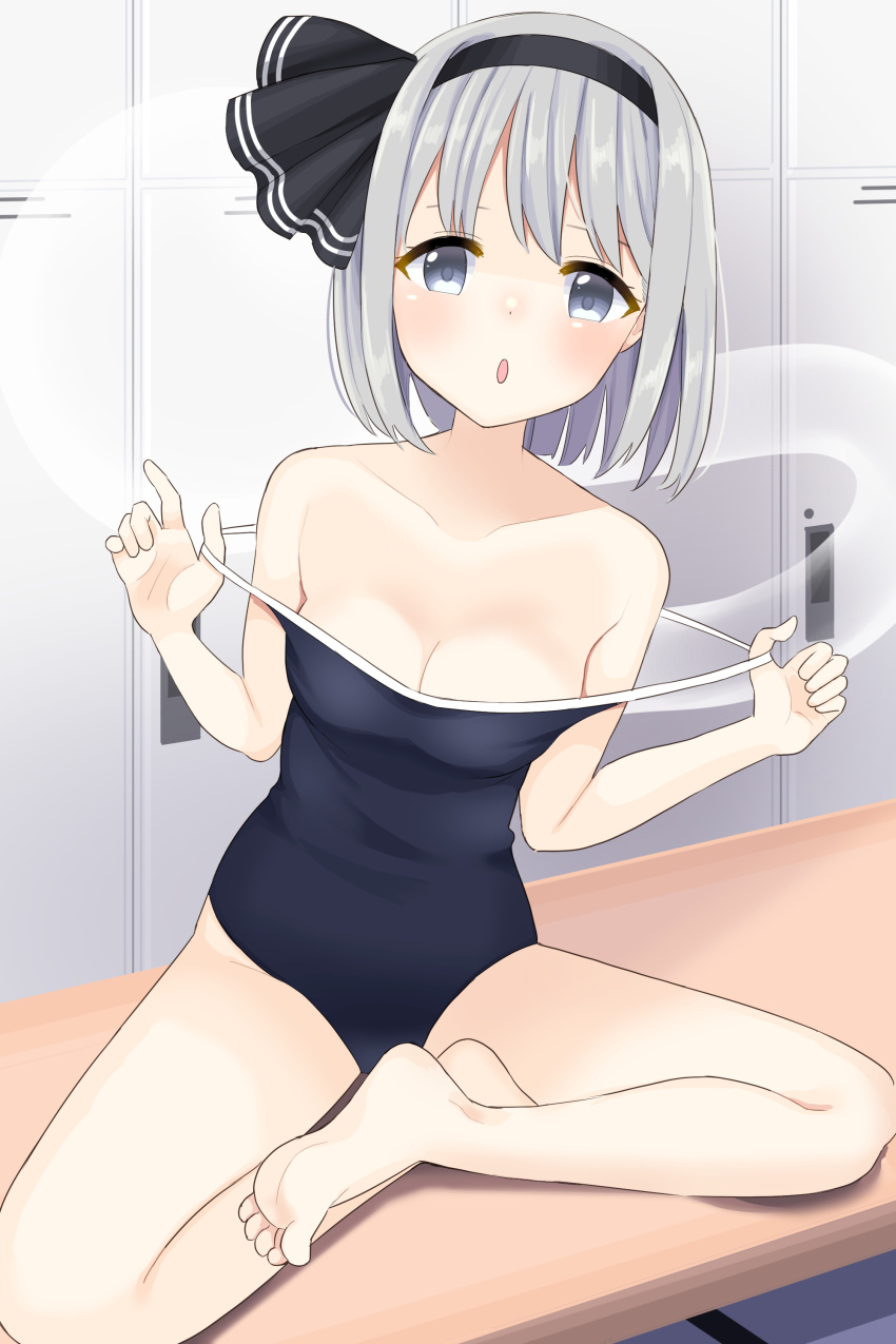 1girl, absurdres, bangs, barefoot, black_hairband, black_swimsuit, blush, breasts, eyebrows_visible_through_hair, floor, ghost, grey_eyes, hairband, hands_up, highres, konpaku_youmu, konpaku_youmu_(ghost), looking_at_viewer, medium_breasts, open_mouth, short_hair, silver_hair, sitting, soles, solo, stigma1101, swimsuit, touhou