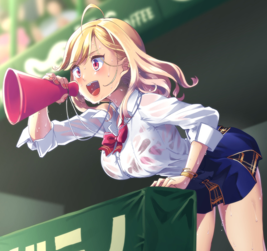 1girl, bleachers, blonde_hair, bow, bracelet, fingernails, hakkaku_shikimi, jewelry