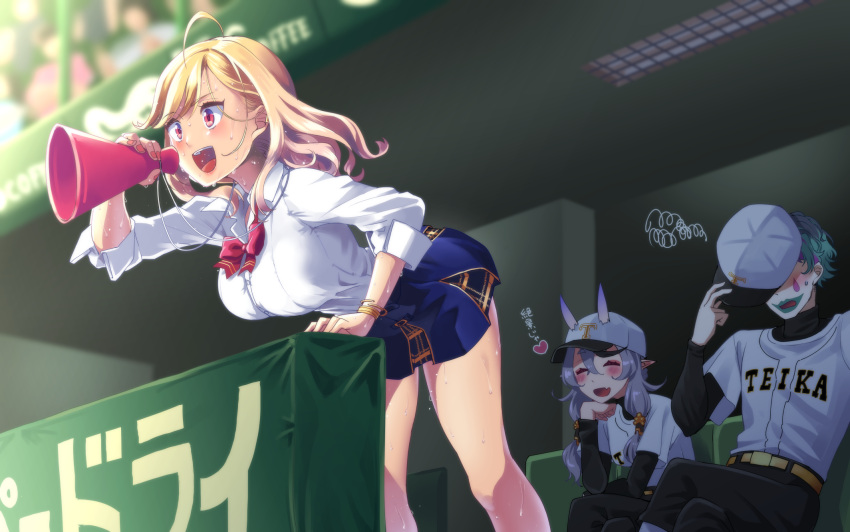 1boy, 2girls, baseball_cap, baseball_uniform, bleachers, blonde_hair, blush, bow, bracelet, closed_eyes, covering_face, embarrassed, facepaint, fingernails, green_hair, grey_hair, hakkaku_shikimi, hat, head_on_hand, heart, highres, horns, jewelry, joe_rikiichi, leaning_forward, legs, looking_ahead, megaphone, multiple_girls, nail_polish, nijisanji, open_mouth, peeking, red_eyes, rindou_mikoto, shirt, shouting, sitting, skirt, sleeves_rolled_up, smile, sportswear, stadium, sweat, sweatdrop, sweating_profusely, takamiya_rion, tan, thighs, tongue, translation_request, uniform, white_shirt