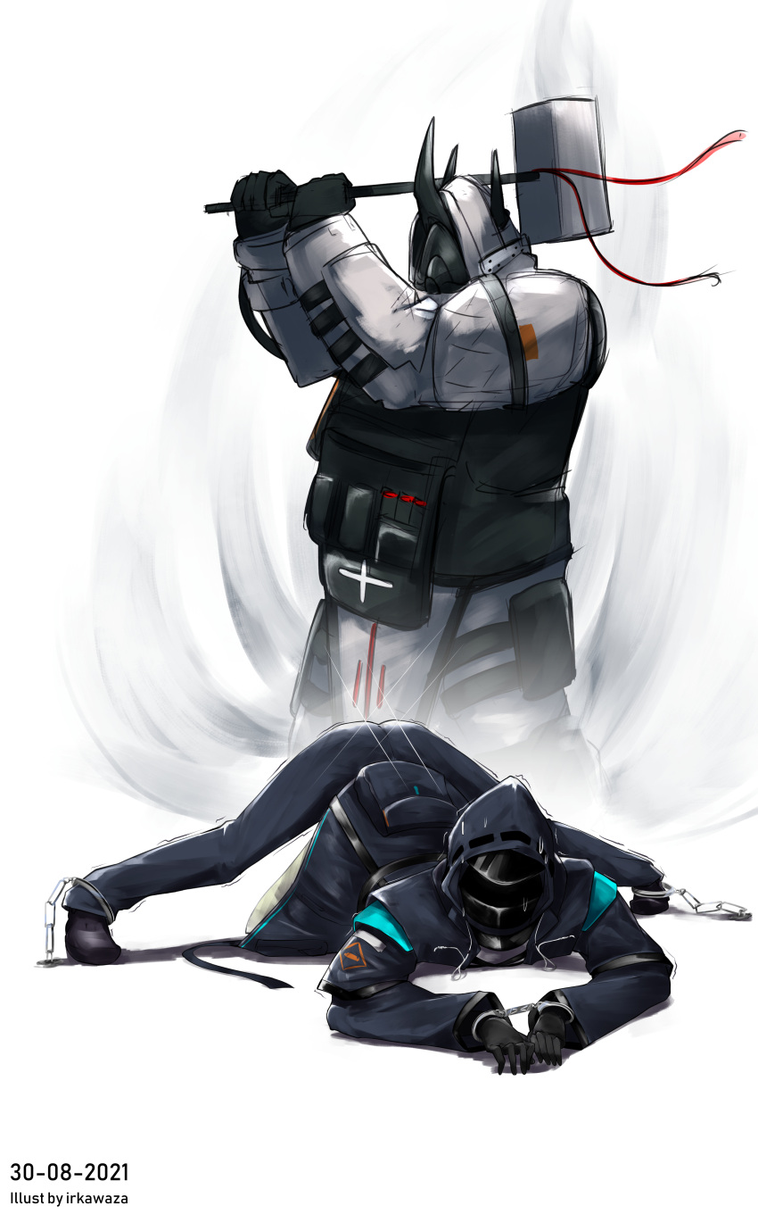 1girl, 1other, absurdres, ambiguous_gender, arknights, artist_name, black_gloves, bound