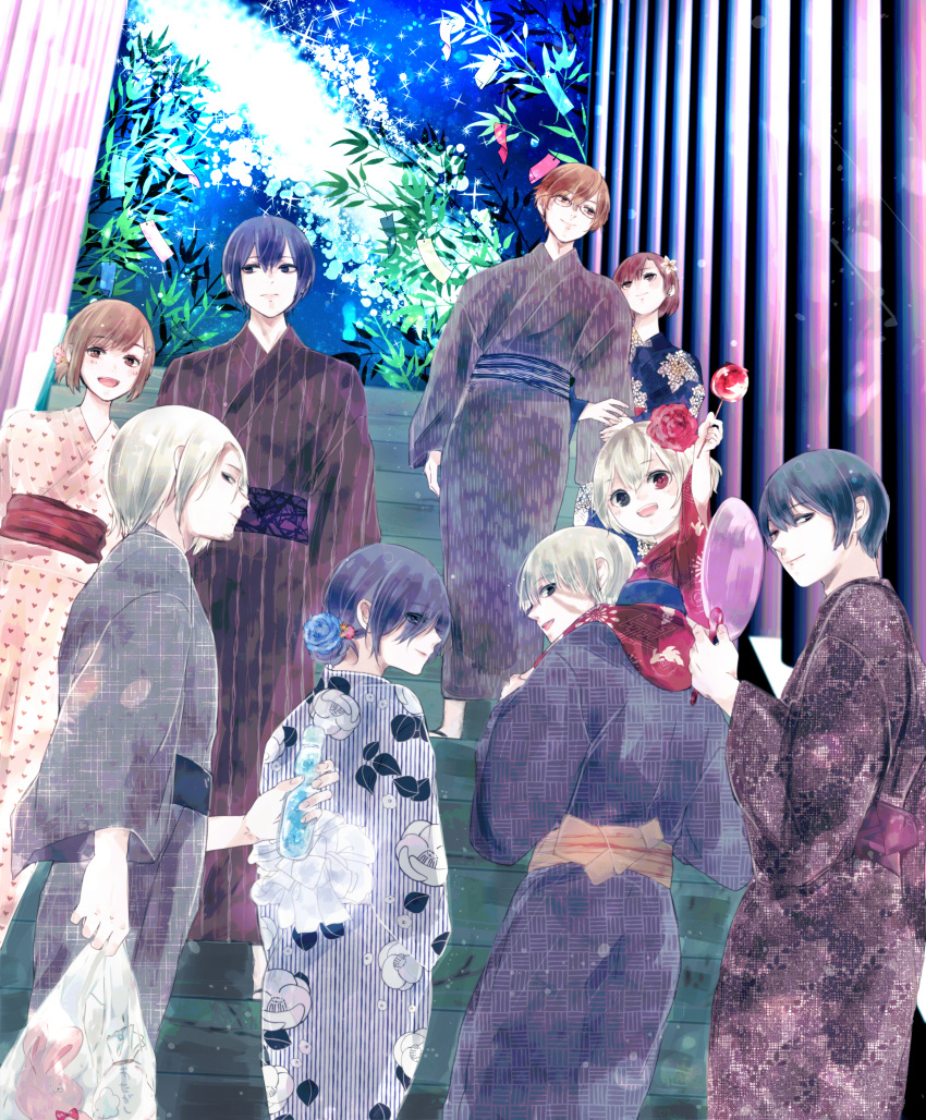 4girls, 5boys, :d, absurdres, aqua_hair, arm_up, bangs, black_hair