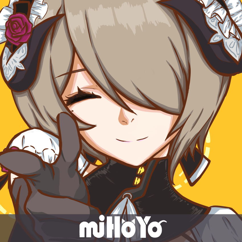 1girl, absurdres, bang_(gesture), bangs, brown_hair, closed_eyes, closed_mouth, company_name, finger_gun, hair_over_one_eye, highres, honkai_(series), honkai_impact_3rd, index_finger_raised, maid, maid_headdress, matsuki48, mole, mole_under_eye, parody, portrait, rita_rossweisse, rita_rossweisse_(umbral_rose), short_hair, simple_background, solo, yellow_background