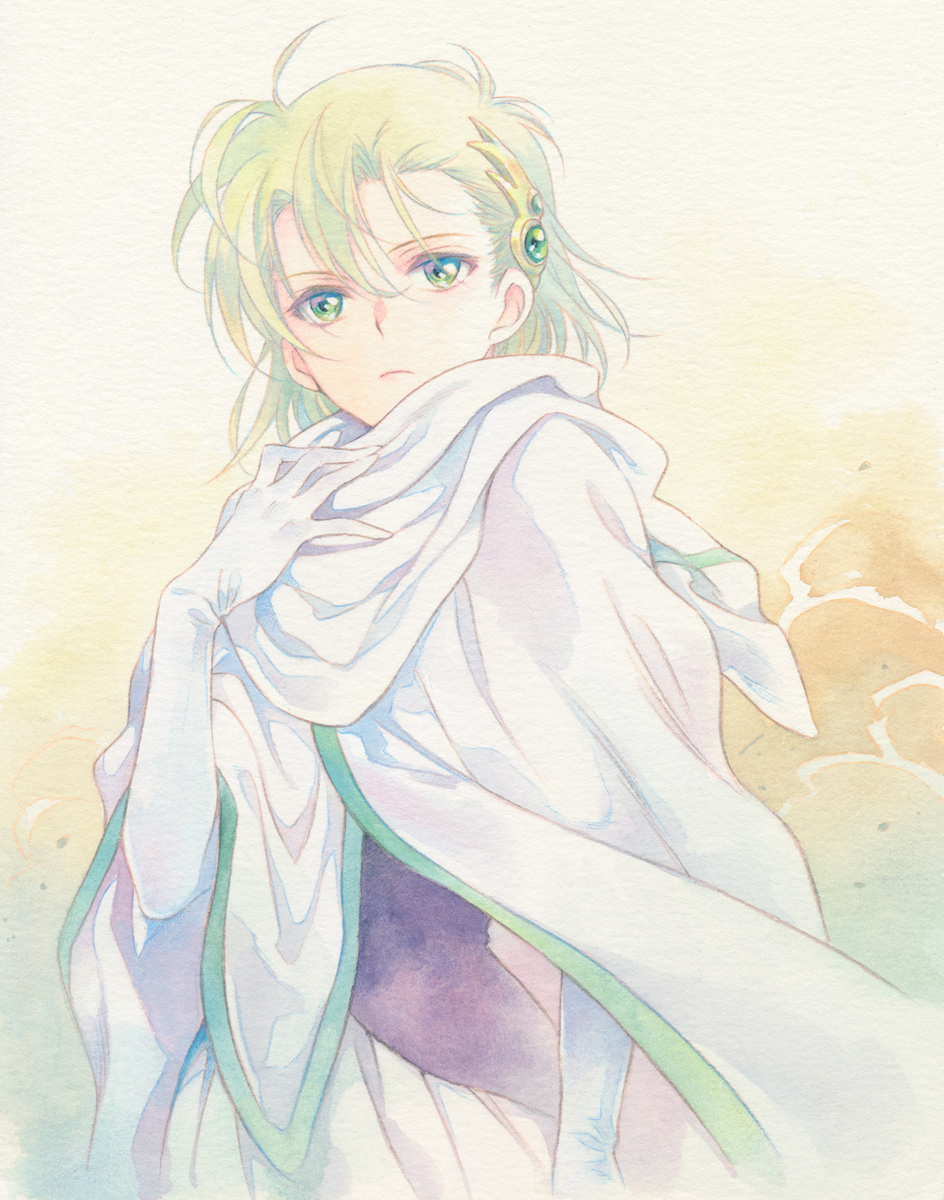 1girl, agahari, closed_mouth, commentary_request, emerald_(yaiba), gloves, green_eyes, green_hair, hair_between_eyes, hair_ornament, highres, looking_at_viewer, solo, traditional_media, white_gloves, yaiba