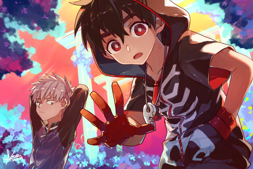 2boys, :o, arms_up, black_hair, black_hoodie, charm_(object), gloves, grey_hair