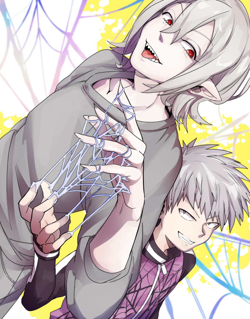 2boys, dabu_(dabuchan), grey_hair, grey_shirt, hair_between_eyes, highres, jacket, kemono_jihen