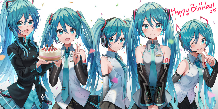 5girls, :d, :q, absurdres, aqua_eyes, aqua_hair, aqua_neckwear, bib_(bibboss39)