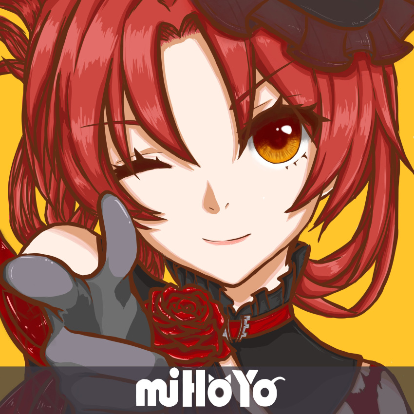 1girl, absurdres, bang_(gesture), bangs, black_gloves, close-up, closed_mouth, company_name, finger_gun, flower, forehead, gloves, highres, honkai_(series), honkai_impact_3rd, index_finger_raised, looking_at_viewer, matsuki48, murata_himeko, murata_himeko_(blood_rose), one_eye_closed, parody, pointing, pointing_at_viewer, portrait, redhead, rose, simple_background, smile, solo, yellow_background, yellow_eyes