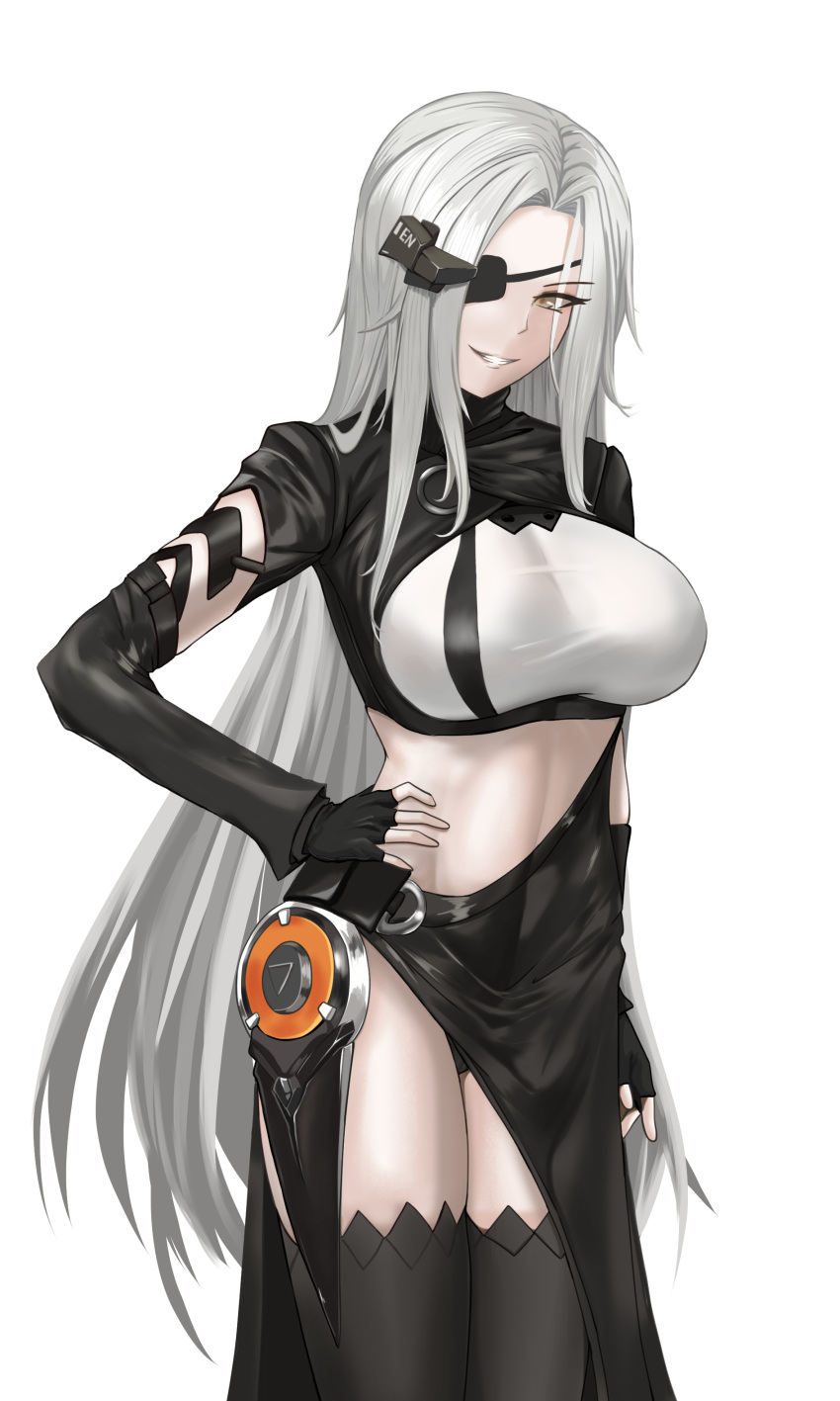 1girl, absurdres, alchemist_(girls_frontline), alternate_costume, black_eyepatch, black_gloves, black_legwear, breasts