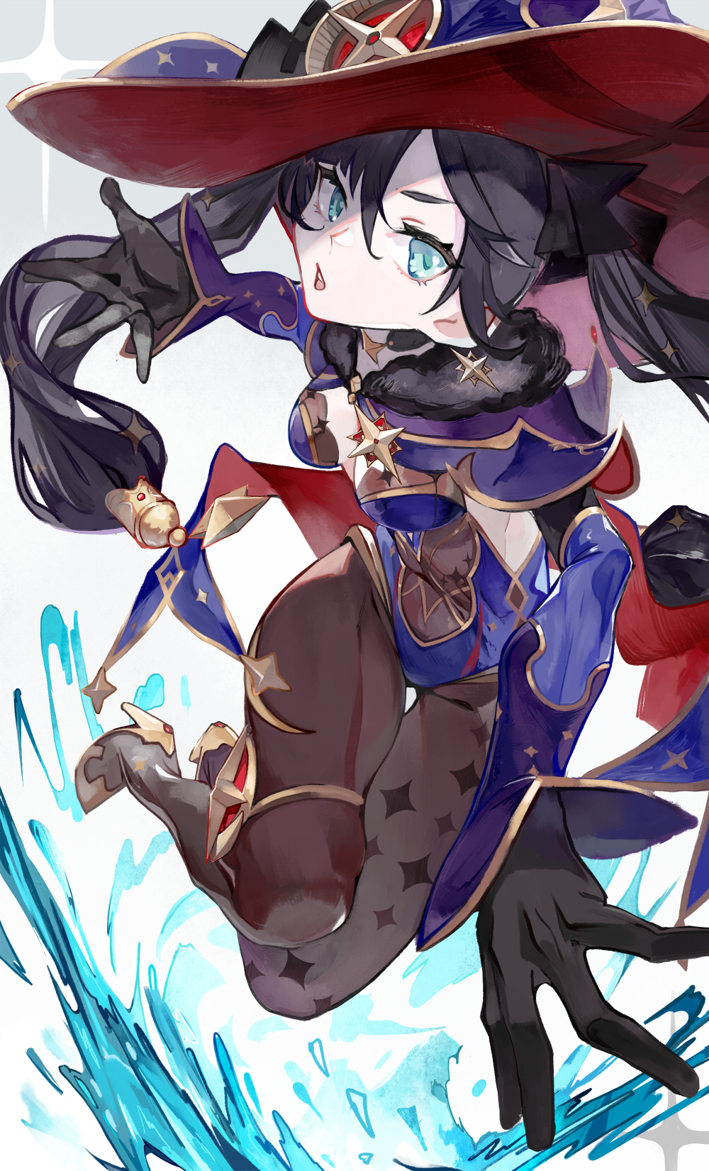 1girl, black_gloves, black_hair, black_legwear, blue_cape, blue_headwear, blue_leotard, bodystocking, breasts, cape, covered_navel, detached_sleeves, earrings, elbow_gloves, fur_collar, genshin_impact, gloves, gold_trim, green_eyes, hat, hat_ornament, highleg, highleg_leotard, highres, jewelry, leotard, long_hair, looking_at_viewer, medium_breasts, mona_(genshin_impact), pantyhose, star_(symbol), star_earrings, thighlet, thighs, toro3, twintails, witch_hat
