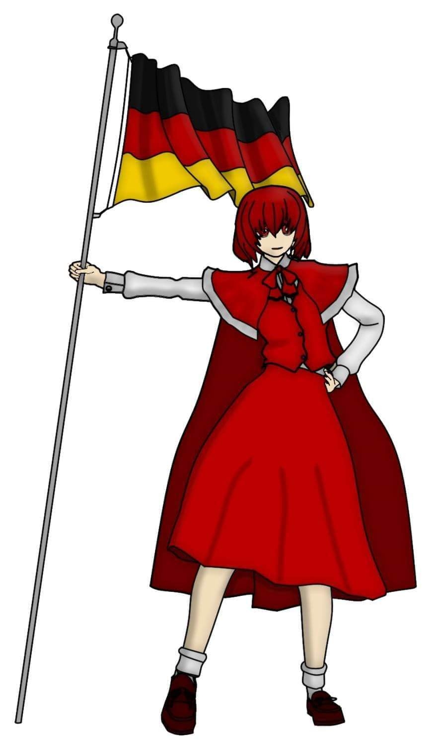 1girl, cloak, dress, ericramirezs, german_flag, germany, highres, mikumikudance, okazaki_yumemi, phantasmagoria_of_dim.dream, redhead, short_hair, skirt, standing, touhou, touhou_(pc-98)