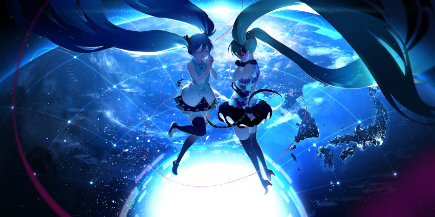 2girls, absurdres, aqua_hair, aqua_neckwear, arm_behind_back, bangs, bare_arms, bare_shoulders