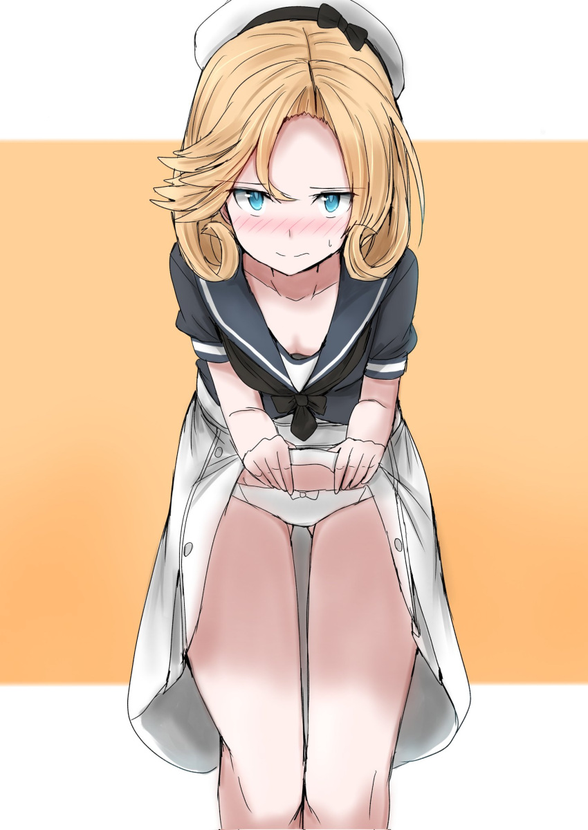 1girl, bangs, black_neckwear, blonde_hair, blue_eyes, blue_sailor_collar, clothes_lift, commentary