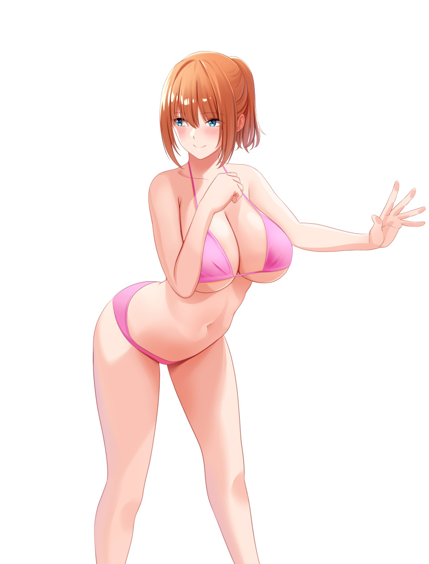 1girl, absurdres, bangs, bikini, blue_eyes, breasts, closed_mouth, collarbone, highres, large_breasts, looking_at_viewer, looking_to_the_side, marui_koishi, navel, orange_hair, original, pink_bikini, short_hair, simple_background, smile, solo, standing, swimsuit, white_background
