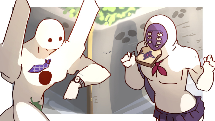 2others, absurdres, adam_(evangelion), around_corner, colored_skin, extra_eyes, fig_leaf, food