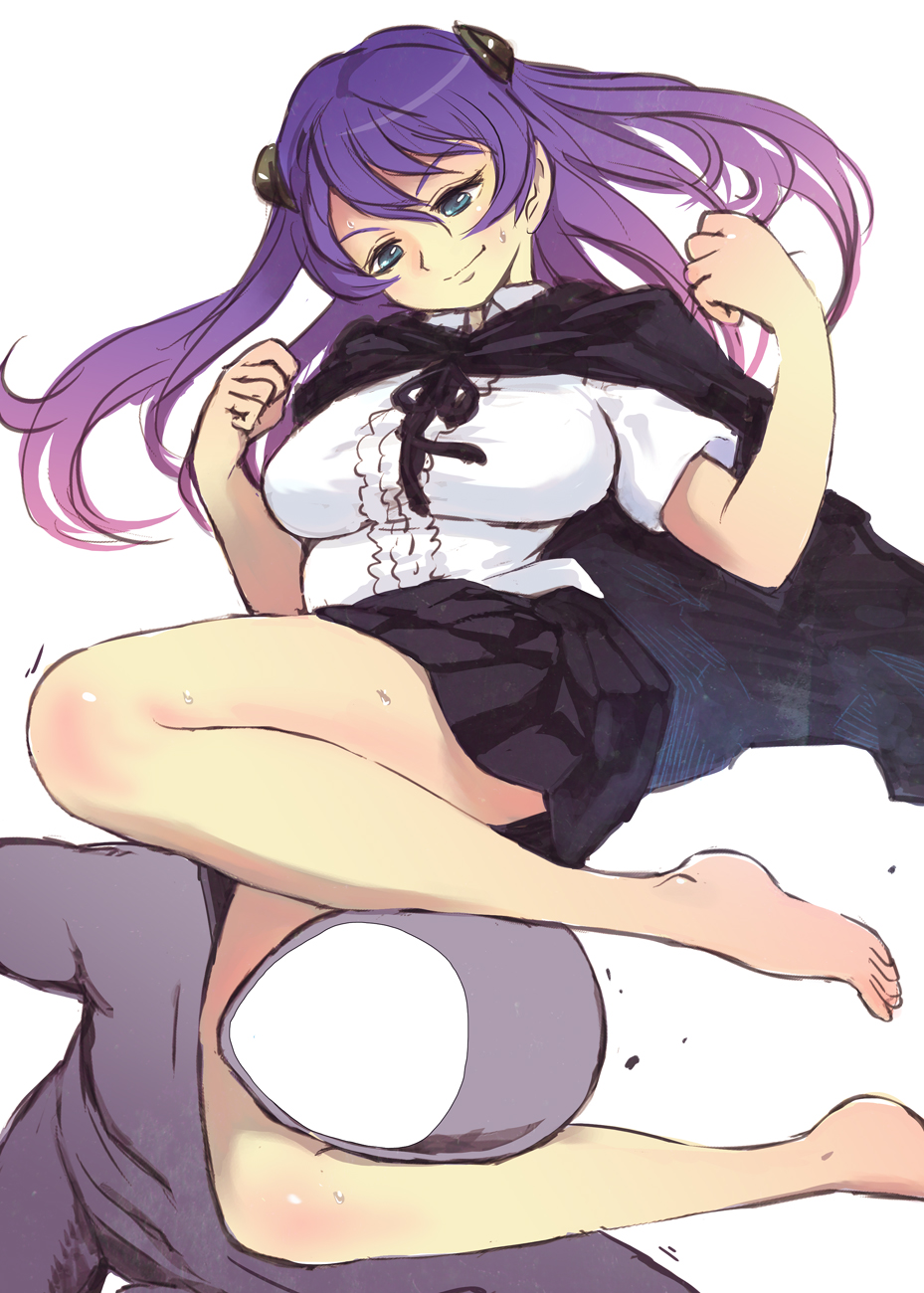 barefoot, blue_eyes, breasts, cape, feet, hair_ornament, highres, large_breasts