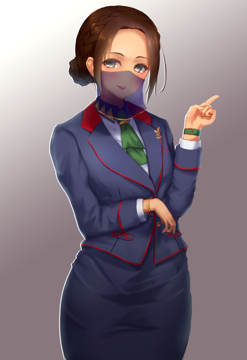 1girl, absurdres, alternate_costume, blue_jacket, blue_skirt, braid, braided_bun, brown_hair