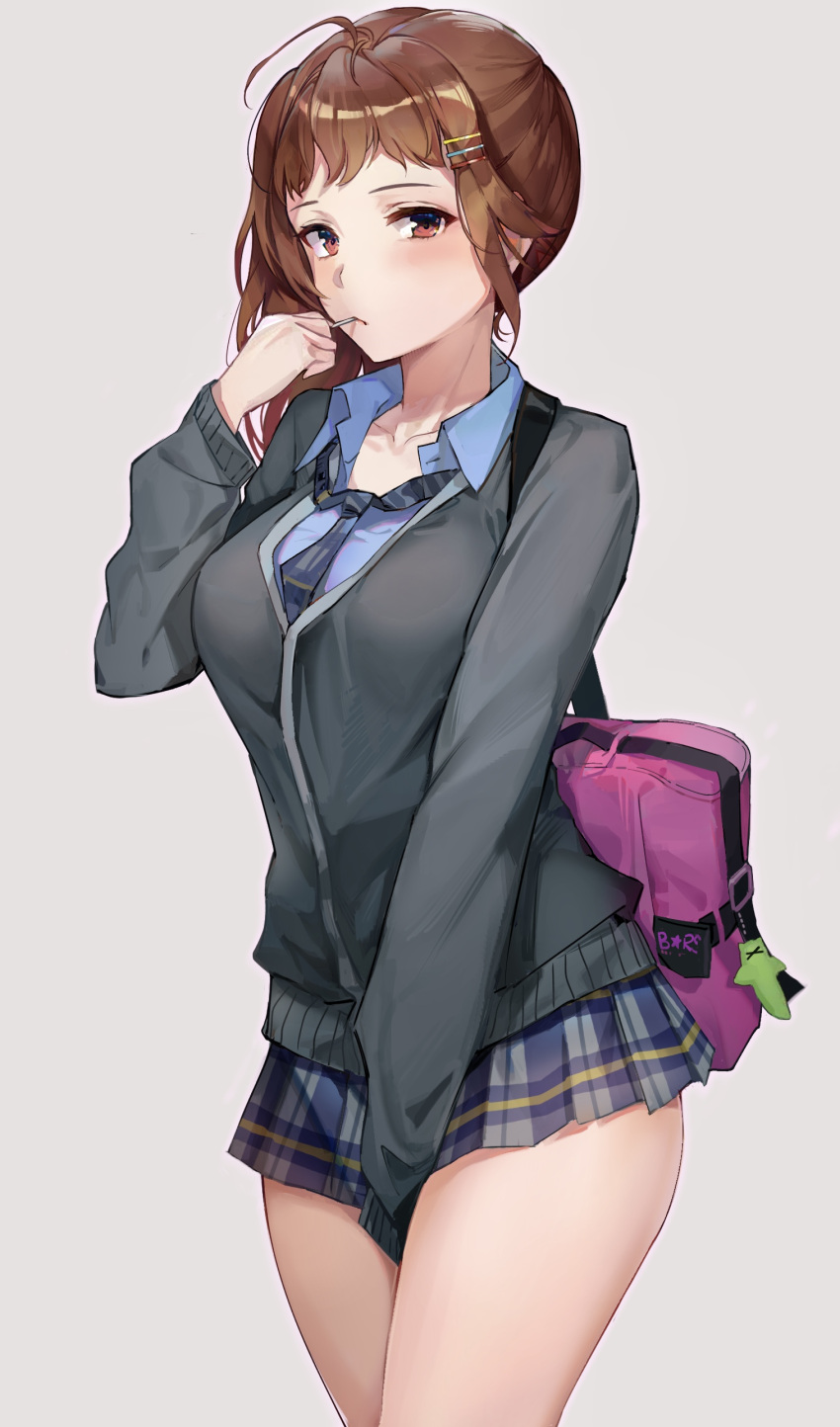 1girl, absurdres, ahoge, bag, bangs, between_legs, blue_neckwear, blue_shirt
