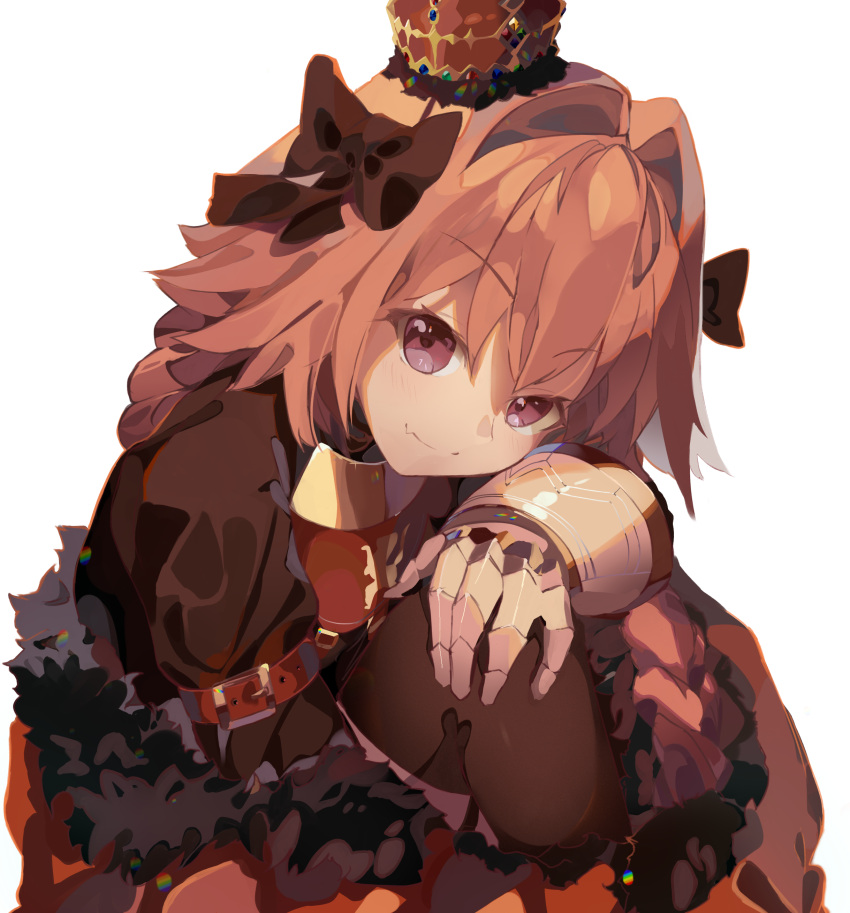 1boy, absurdres, astolfo_(fate), black_bow, black_neckwear, bow, crown, eyebrows_visible_through_hair