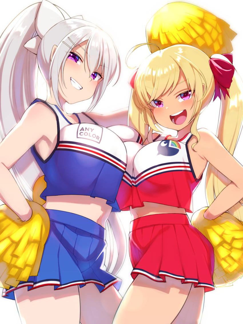 2girls, :d, ahoge, blonde_hair, blue_skirt, breasts, cheerleader, clenched_teeth