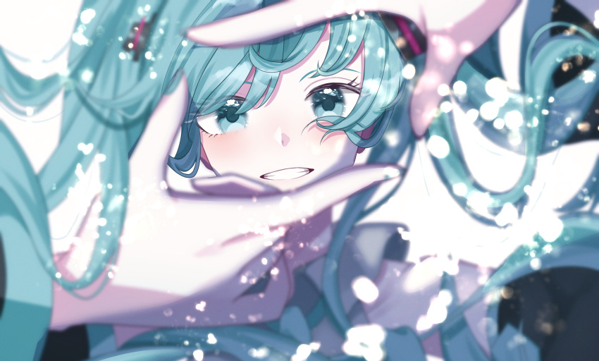 1girl, 7naako5, absurdres, aqua_eyes, aqua_hair, bare_shoulders, blurry, blurry_foreground