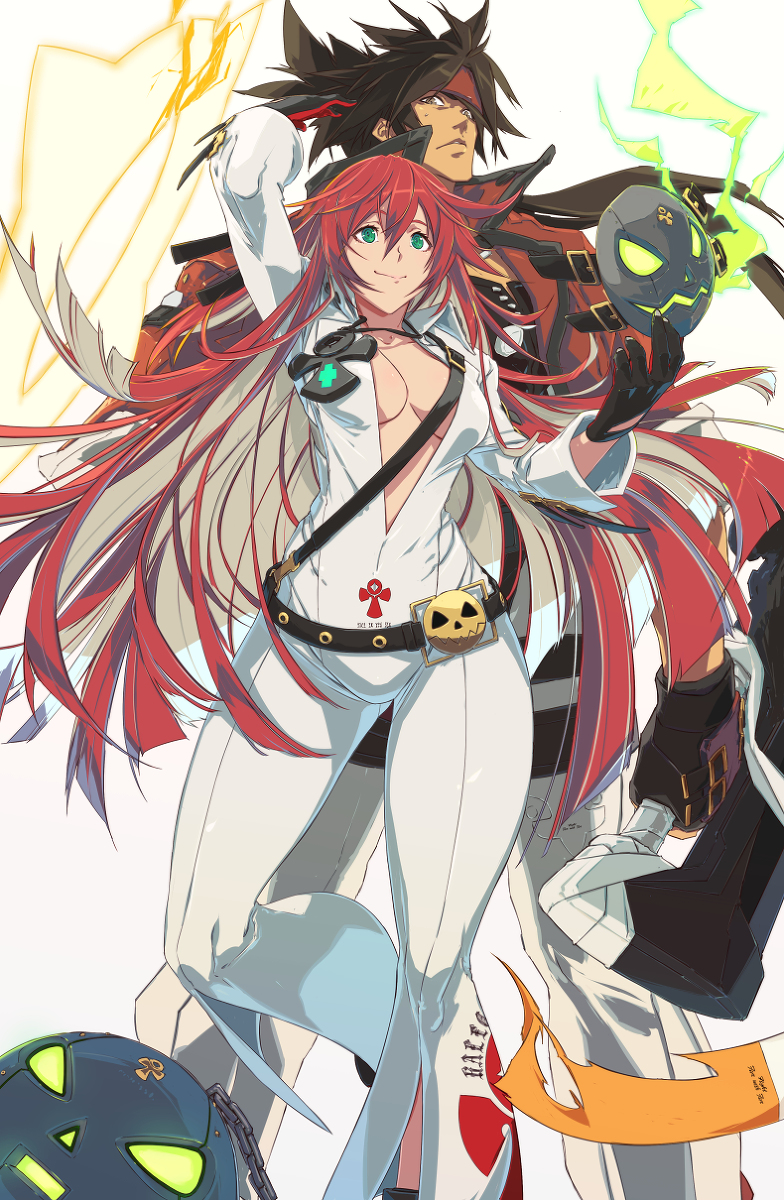 1boy, 1girl, ankh, ankh_necklace, ball_and_chain_restraint, belt, belt_buckle, black_gloves