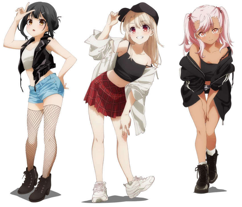 3girls, bare_shoulders, black_hair, blue_shorts, blush, breasts, brown_eyes, chloe_von_einzbern, closed_mouth, fate/kaleid_liner_prisma_illya, fate_(series), fishnet_legwear, fishnets, full_body, grin, hair_ornament, hairclip, hat, highres, illyasviel_von_einzbern, long_hair, looking_at_viewer, miyu_edelfelt, multiple_girls, official_art, open_mouth, orange_eyes, pink_hair, red_eyes, shiny, shiny_hair, short_shorts, shorts, simple_background, skirt, small_breasts, smile, source_request, standing, thigh-highs, v, white_background, white_hair