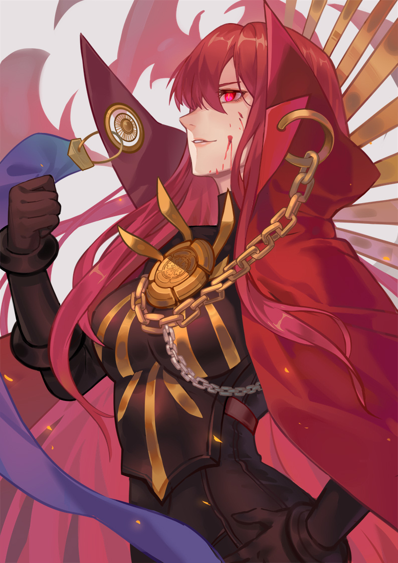 1girl, black_bodysuit, black_gloves, blood, blood_on_face, bodysuit, breasts, cape