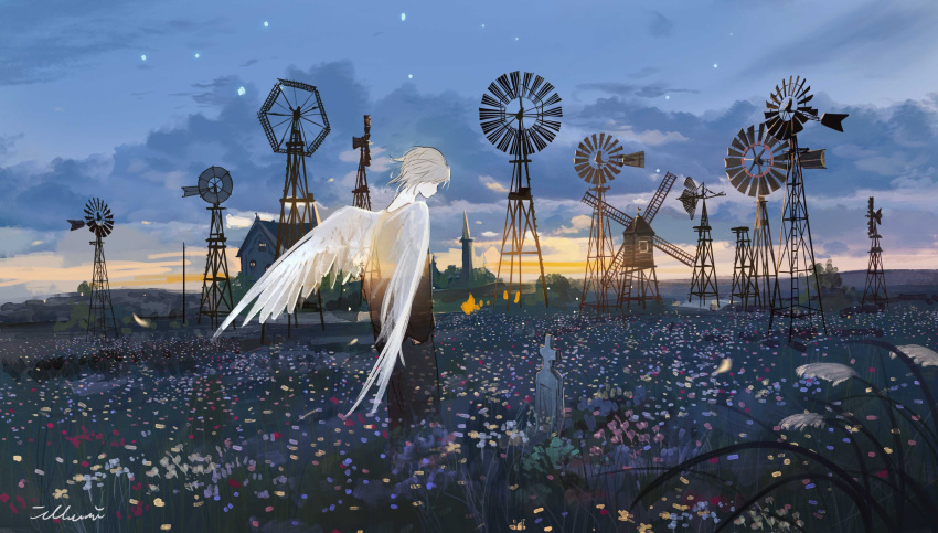1boy, absurdres, angel_wings, black_pants, black_sweater, blonde_hair, bush, clouds
