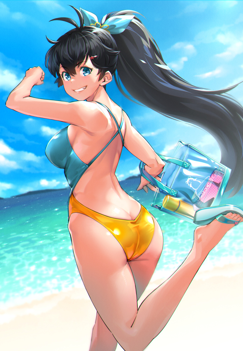 1girl, antenna_hair, ass, back, bag, beach, black_hair, blue_eyes