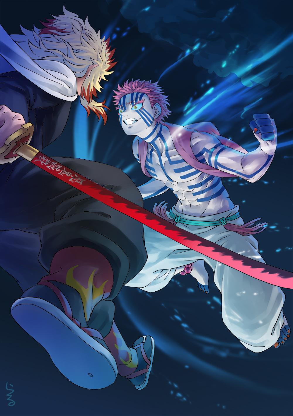 2boys, akaza_(kimetsu_no_yaiba), black_jacket, black_legwear, black_pants, blonde_hair, cape, clenched_hand