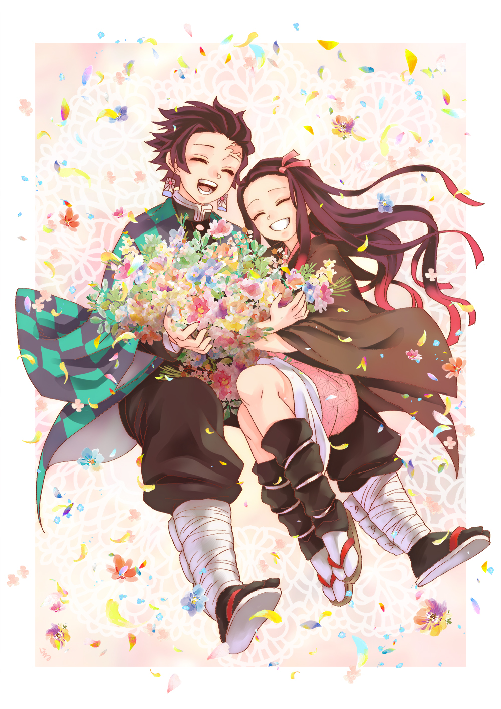1boy, 1girl, :d, ^_^, black_legwear, black_pants, border, brother_and_sister