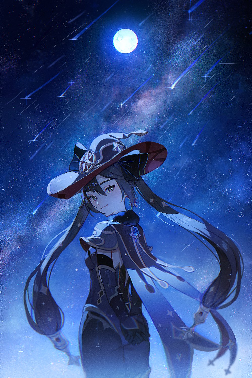 1girl, arms_behind_back, ass, bangs, black_hair, capelet, closed_mouth, commentary