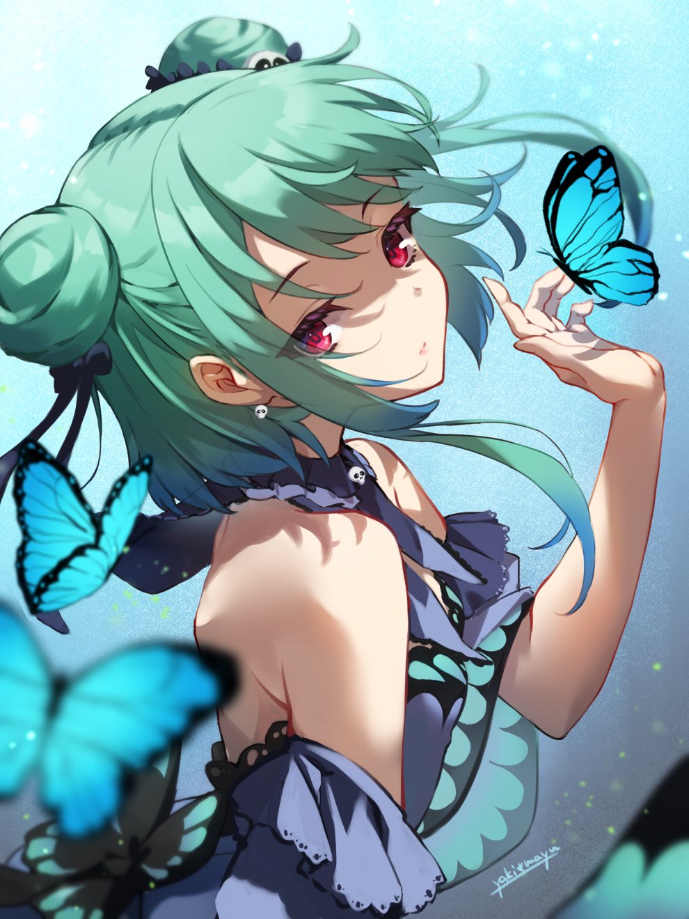 1girl, animal_print, backless_dress, backless_outfit, bare_shoulders, blue_butterfly, blue_dress, blue_hair