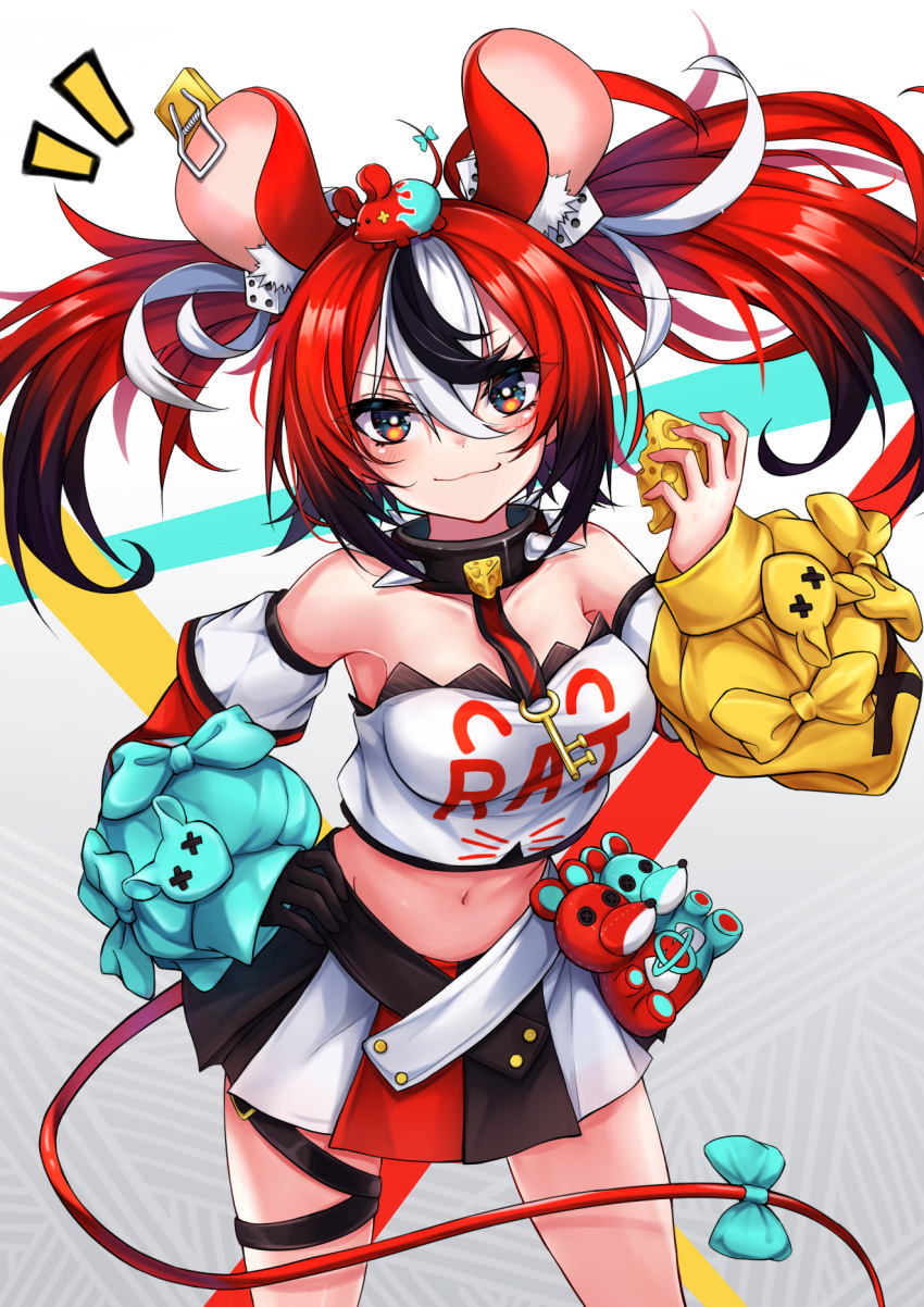 1girl, animal_ears, cheese, collar, dice_hair_ornament, food, hair_ornament, hakos_baelz
