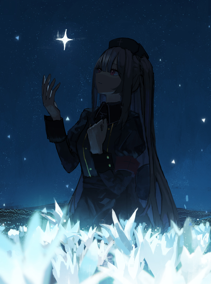 1girl, absurdres, asteroid_ill, dark, hat, highres, long_hair, looking_up