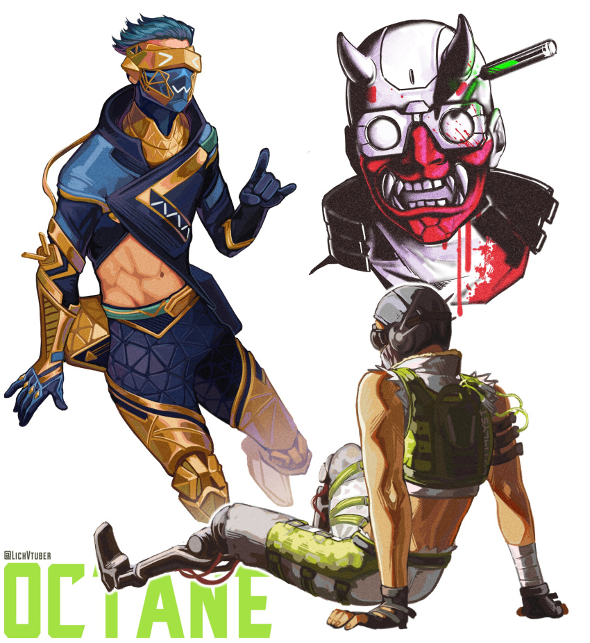 >_<, 1boy, \m/, abs, absurdres, apex_legends, black_headwear, blue_gloves