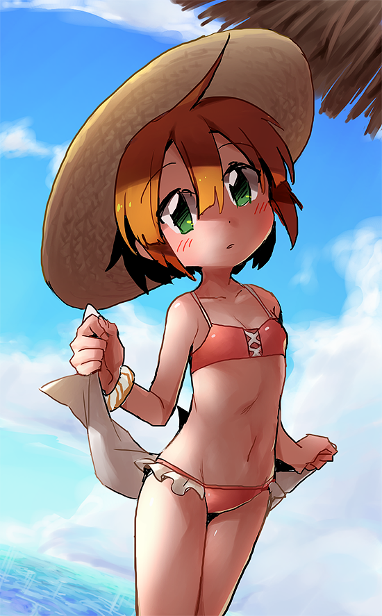 1girl, bikini, blush, breasts, cowboy_shot, day, green_eyes, hat, medic_(sekaiju), medic_2_(sekaiju), navel, orange_hair, outdoors, pink_bikini, sekaiju_no_meikyuu, sekaiju_no_meikyuu_1, short_hair, sky, small_breasts, solo, sun_hat, suno_(imydream), swimsuit