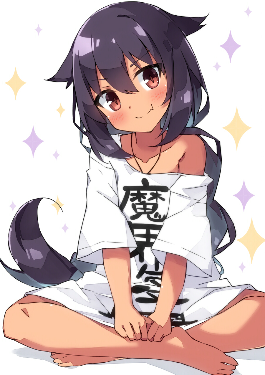 1girl, bangs, bare_shoulders, barefoot, beritabo, black_hair, blush, brown_eyes