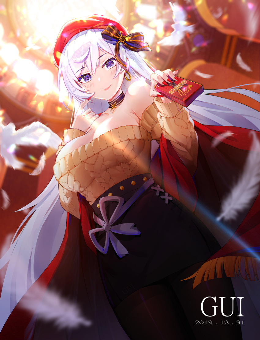 1girl, absurdres, aran_sweater, azur_lane, bare_shoulders, belfast_(azur_lane), belfast_(shopping_with_the_head_maid)_(azur_lane), beret, bird, black_legwear, black_skirt, blush, box, breasts, brown_sweater, choker, commentary_request, dated, earrings, food, from_below, hat, highres, holding, holding_box, hoop_earrings, jewelry, kei_kei_(854174652), large_breasts, lipstick, long_hair, looking_at_viewer, makeup, nail_polish, new_year, off-shoulder_sweater, off_shoulder, pantyhose, pencil_skirt, pink_lips, pocky, red_headwear, red_nails, red_shawl, shawl, silver_hair, skirt, smile, solo, sunlight, sweater, very_long_hair, violet_eyes, white_feathers
