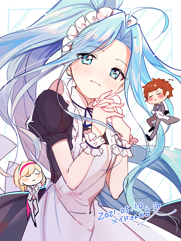 1boy, 2girls, alternate_costume, apron, blue_eyes, blue_hair, blush, bow